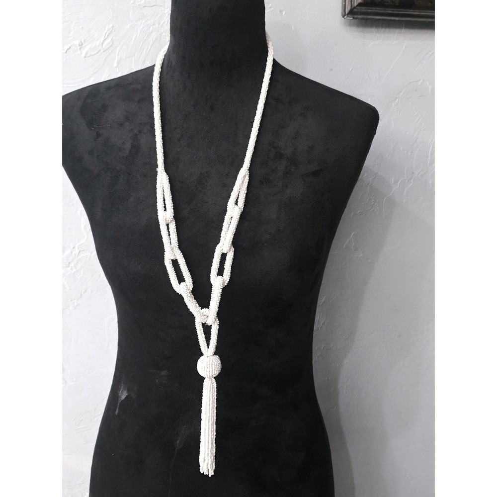 White Seed Bead Linked Chain Lariat Tassel Necklace Long Statement Boho Artisan